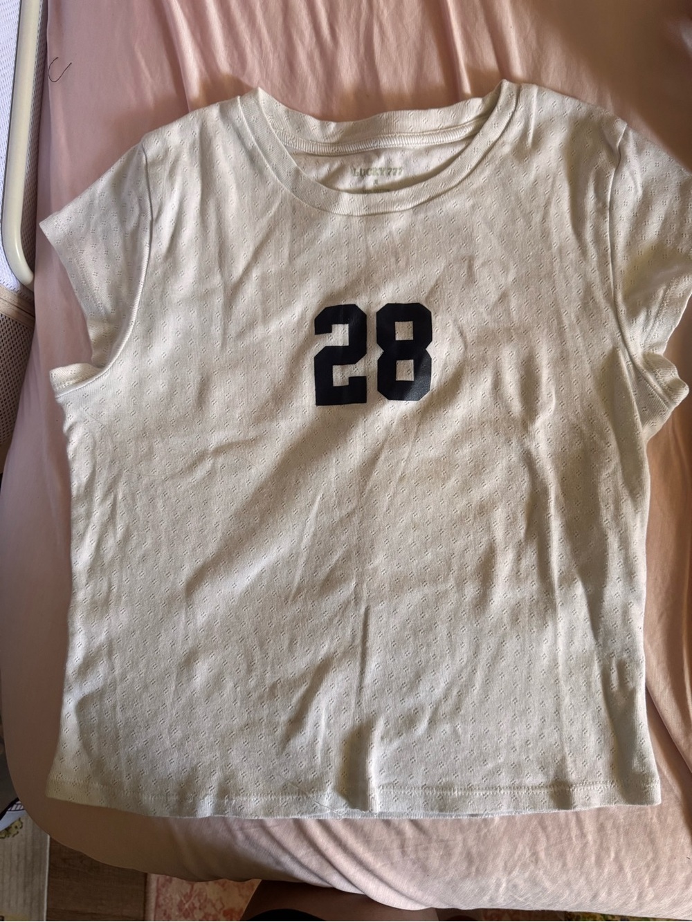 White Crop top with Navy '28' Graphic